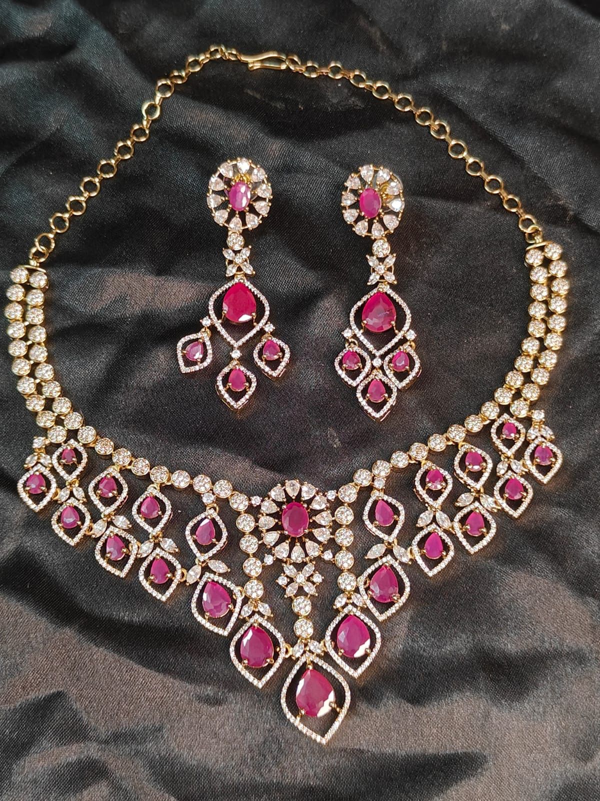 Ravya Ruby & CZ Stone Designer Necklace Set