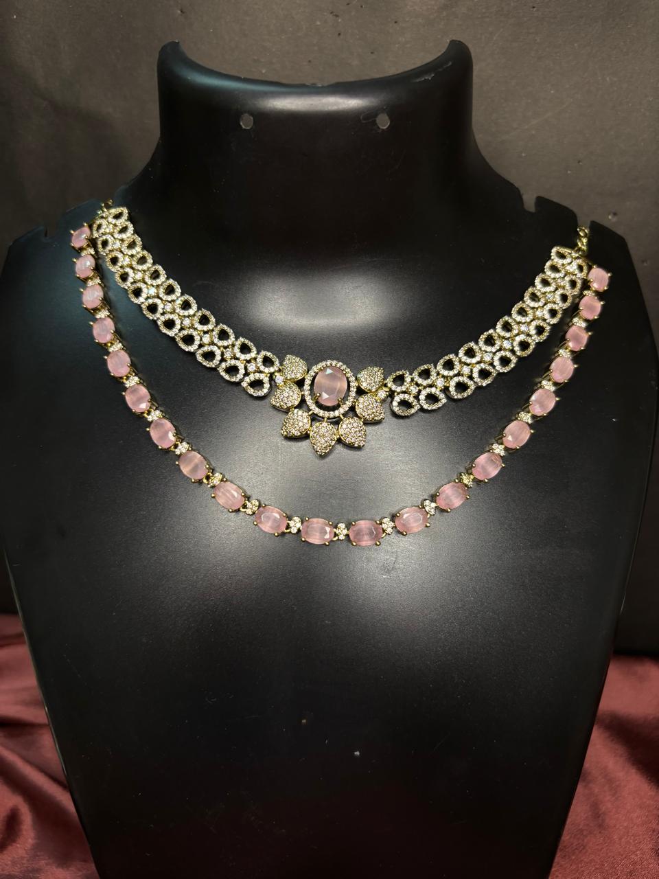 Elina  Blush Pink & CZ Stone Layered Necklace Set