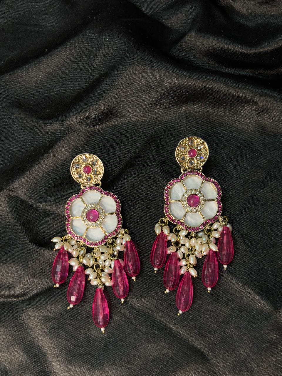 Gulzar Pink Bloom Pearl Drop Earrings