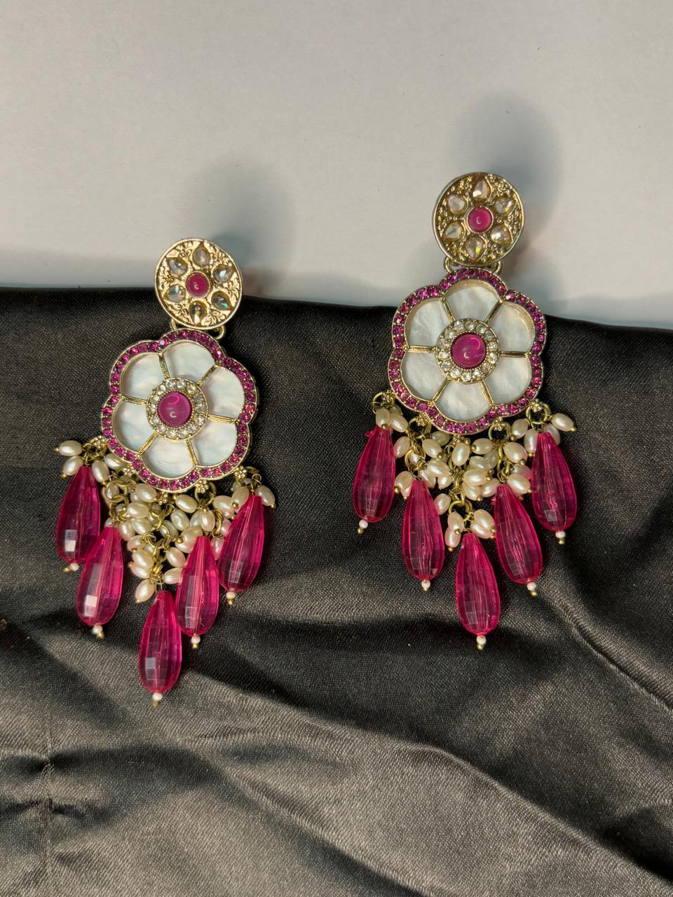 Gulzar Pink Bloom Pearl Drop Earrings
