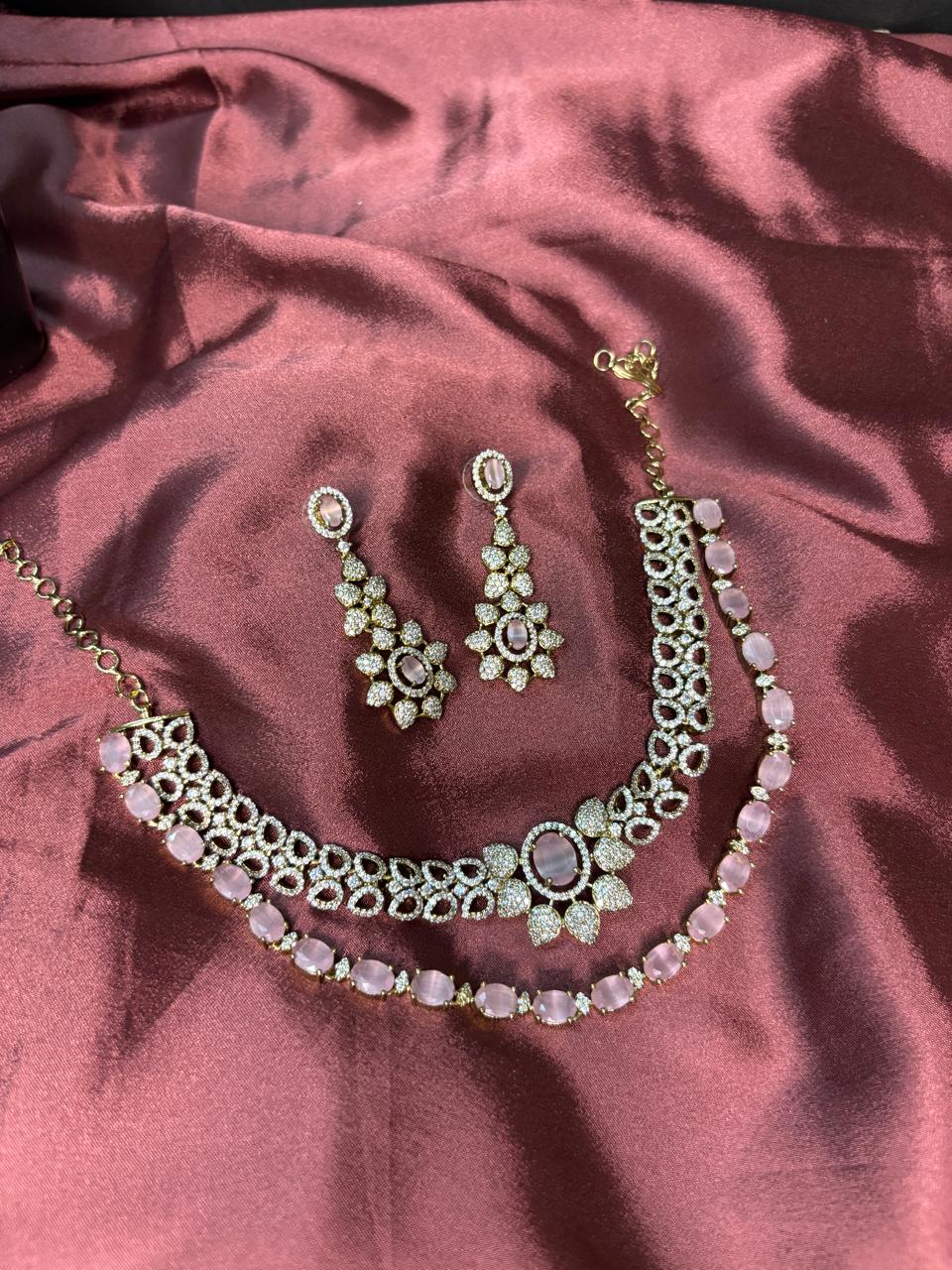 Elina  Blush Pink & CZ Stone Layered Necklace Set