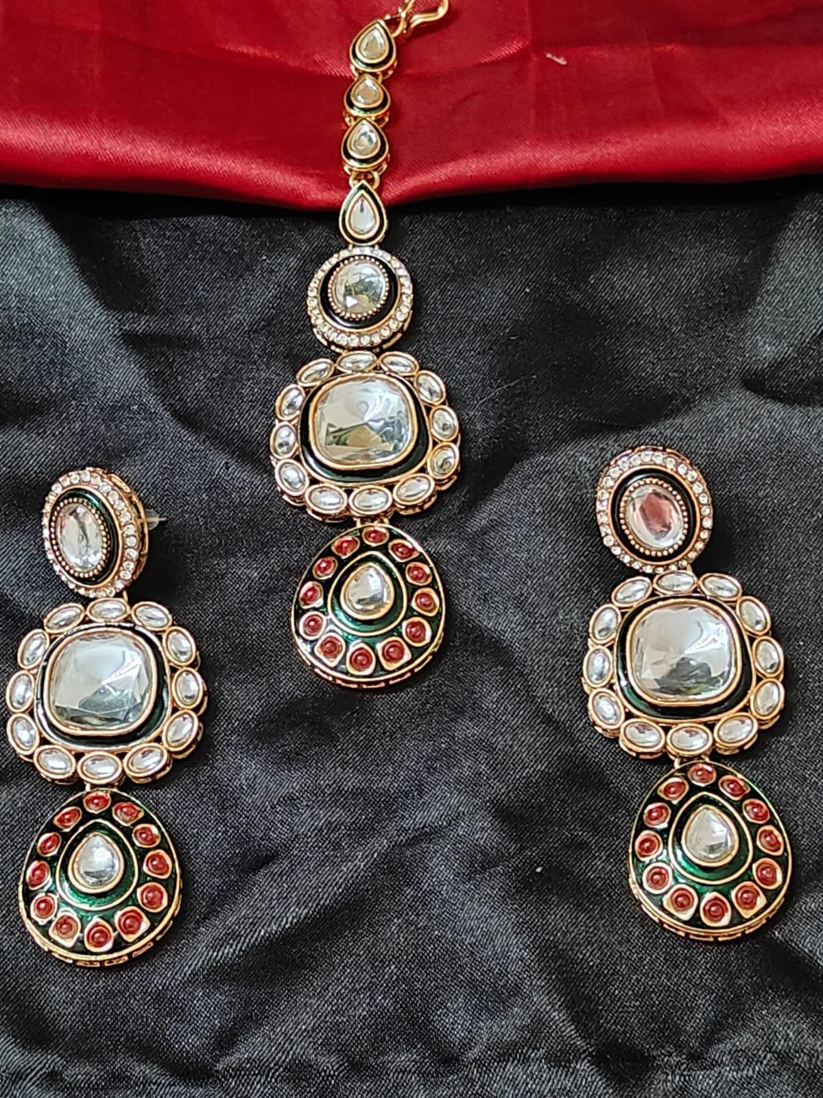 Gulzar Green & Ruby Kundan Necklace Set