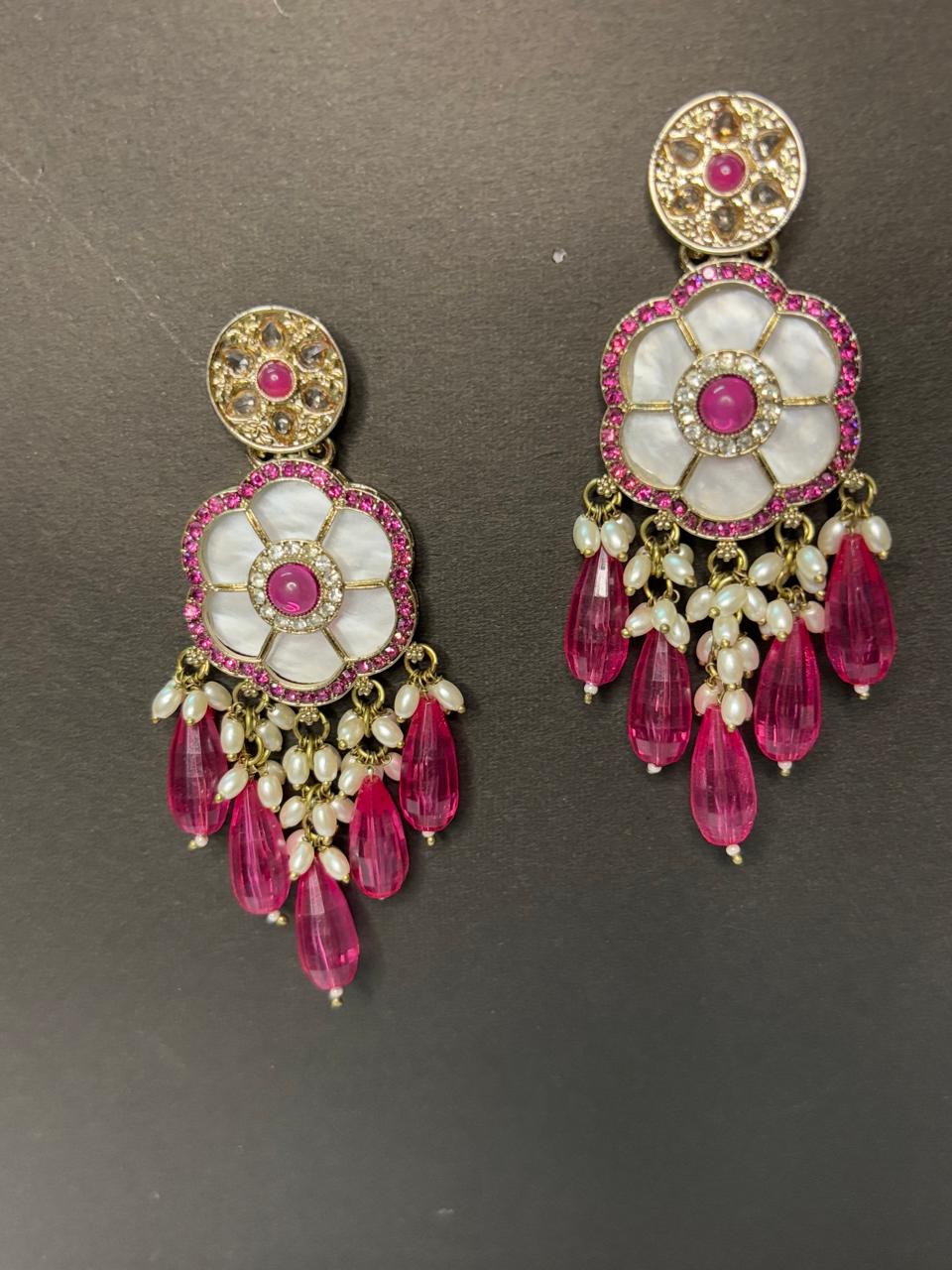 Gulzar Pink Bloom Pearl Drop Earrings