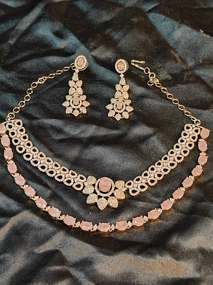 Elina  Blush Pink & CZ Stone Layered Necklace Set