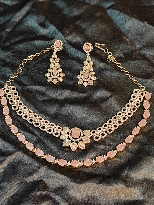 Elina  Blush Pink & CZ Stone Layered Necklace Set
