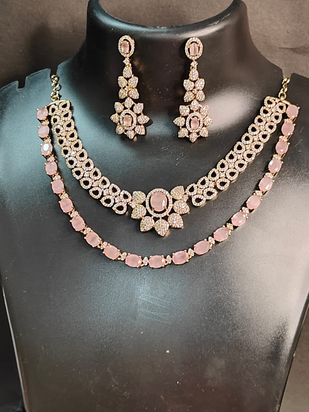 Elina  Blush Pink & CZ Stone Layered Necklace Set