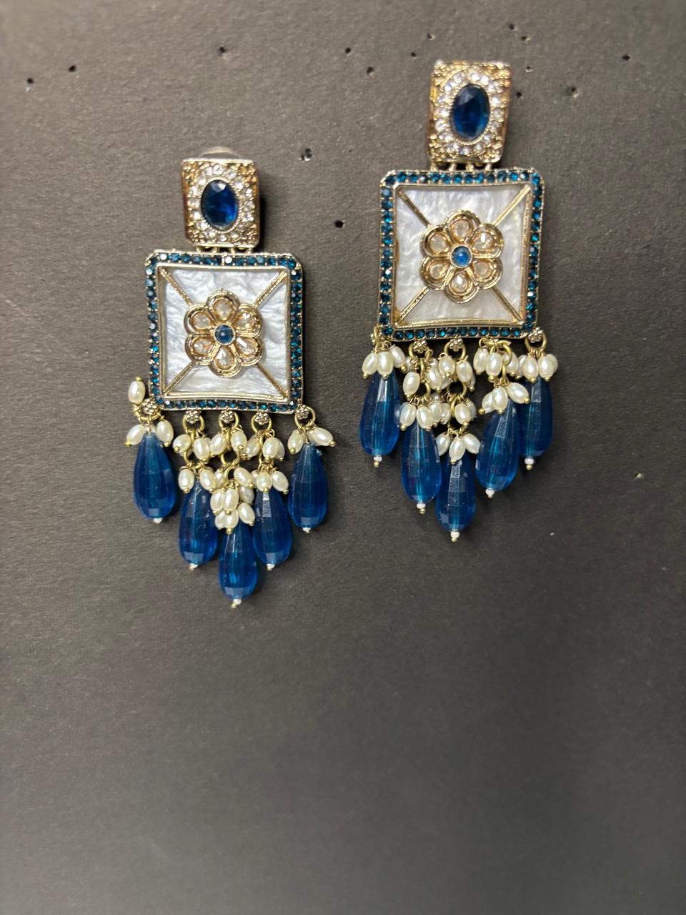 Gulnaaz Blue Drop Kundan Earrings