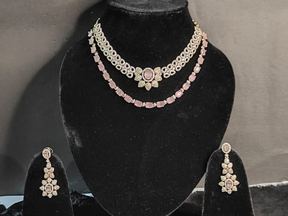 Elina  Blush Pink & CZ Stone Layered Necklace Set