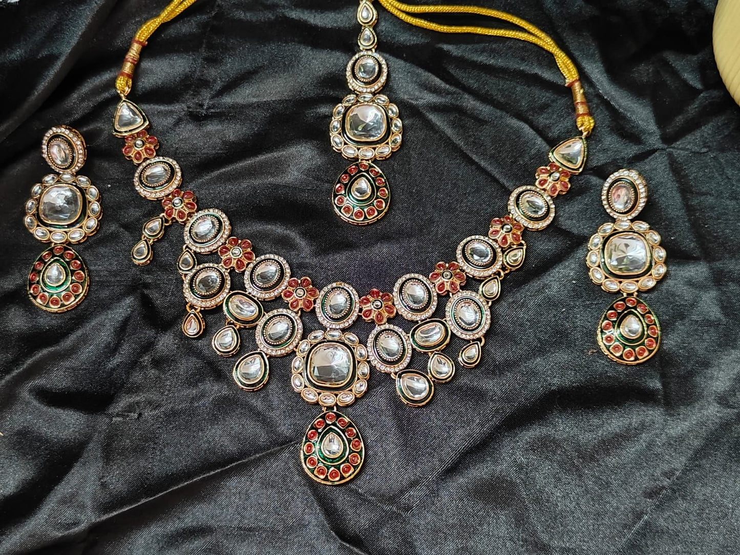 Gulzar Green & Ruby Kundan Necklace Set