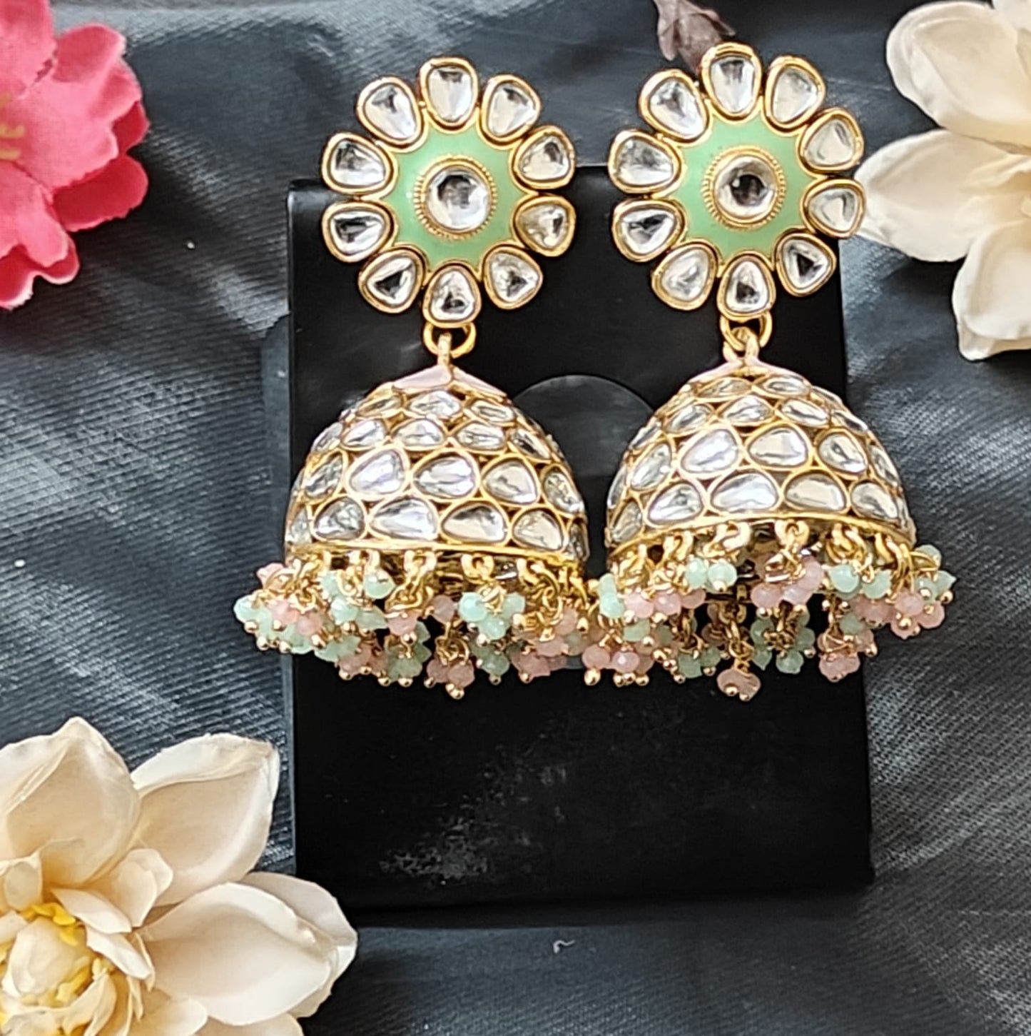 Pink & Green Kundan Jhumka Earrings