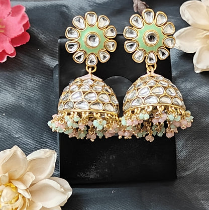 Pink & Green Kundan Jhumka Earrings