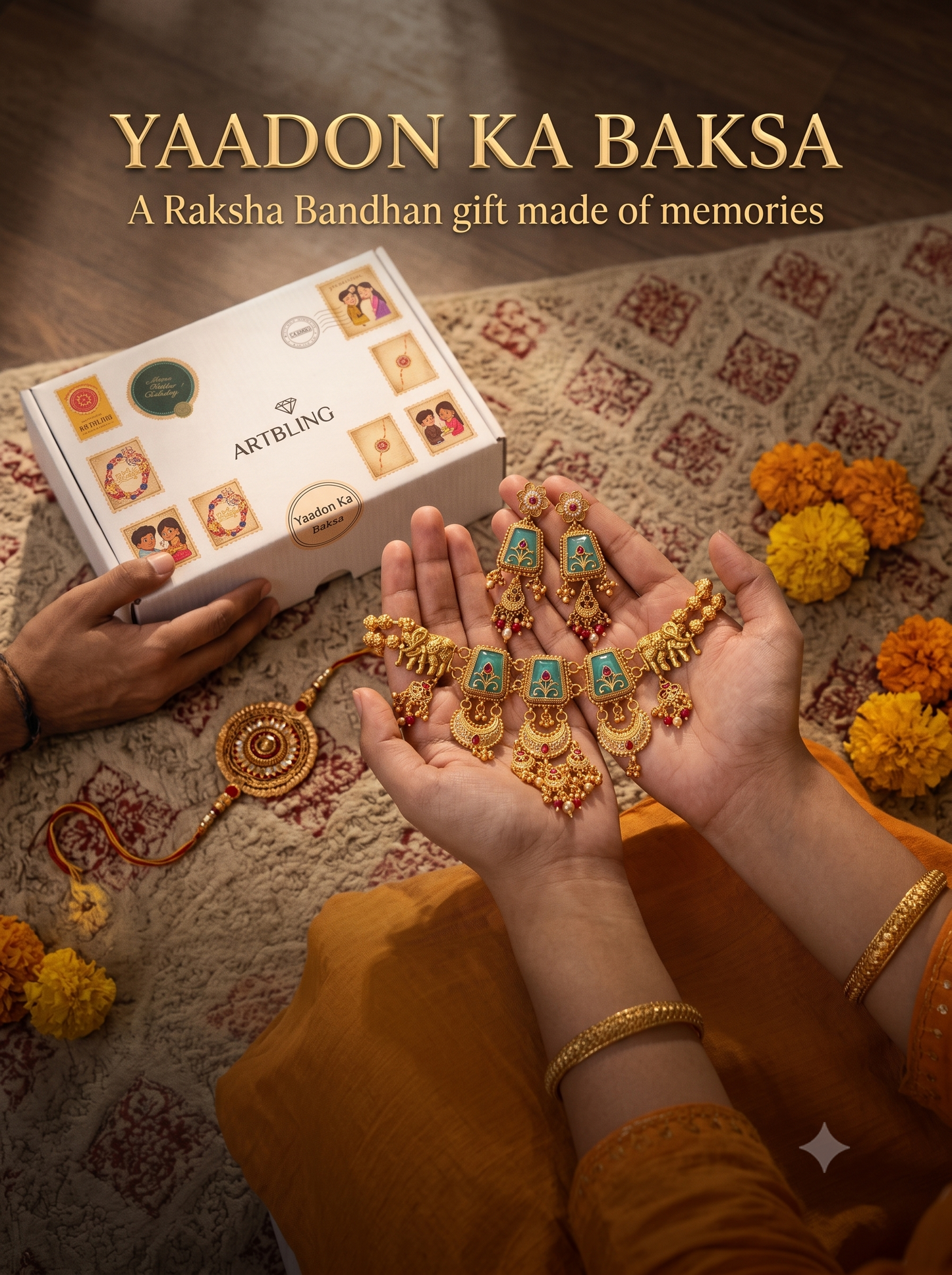 Rakhi special yaadon ka baksa with your choice of gold finish jewellery by artbling.